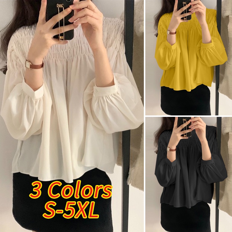 Áo kiểu VONDA tay dài cổ tròn xếp ly màu trơn phong cách Hàn Quốc thời trang hè cho nữ