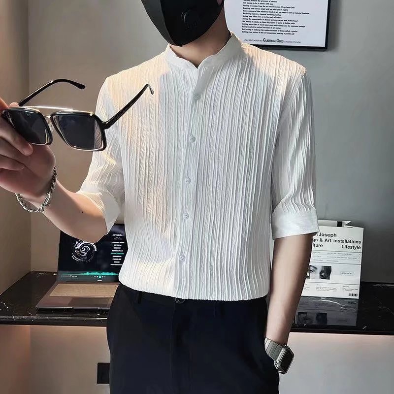 Áo Sơ Mi Tay Lửng Bằng Lụa Lạnh Màu Trắng Đen m-3xl Phong Cách Hàn Quốc Cho Nam