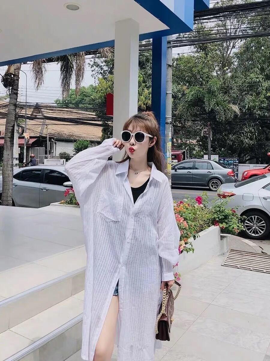 [Leonabuy] Áo sơ mi Cotton lanh tay dài dáng rộng kẻ sọc phong cách Hàn Quốc thời trang mùa hè cho nữ