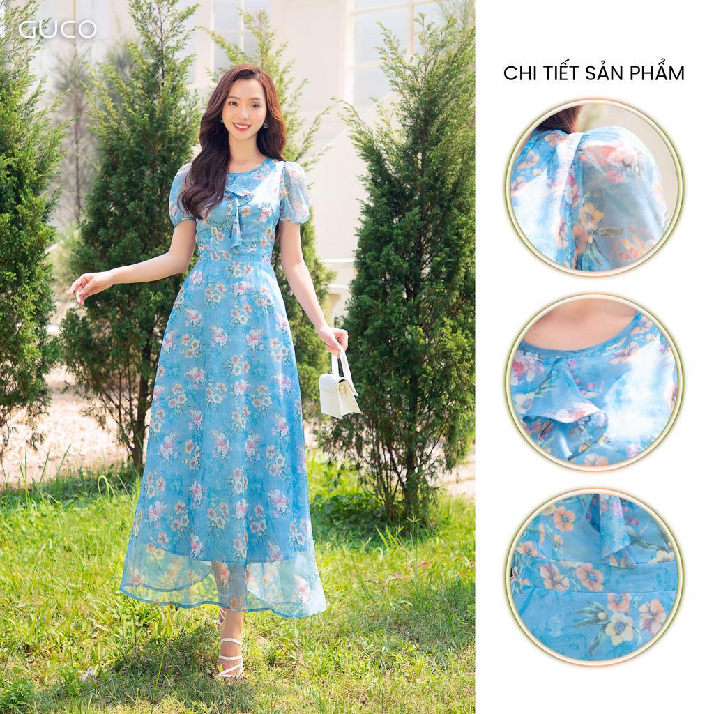 Đầm maxi hoa cổ tròn bèo ngực - Xanh 3974