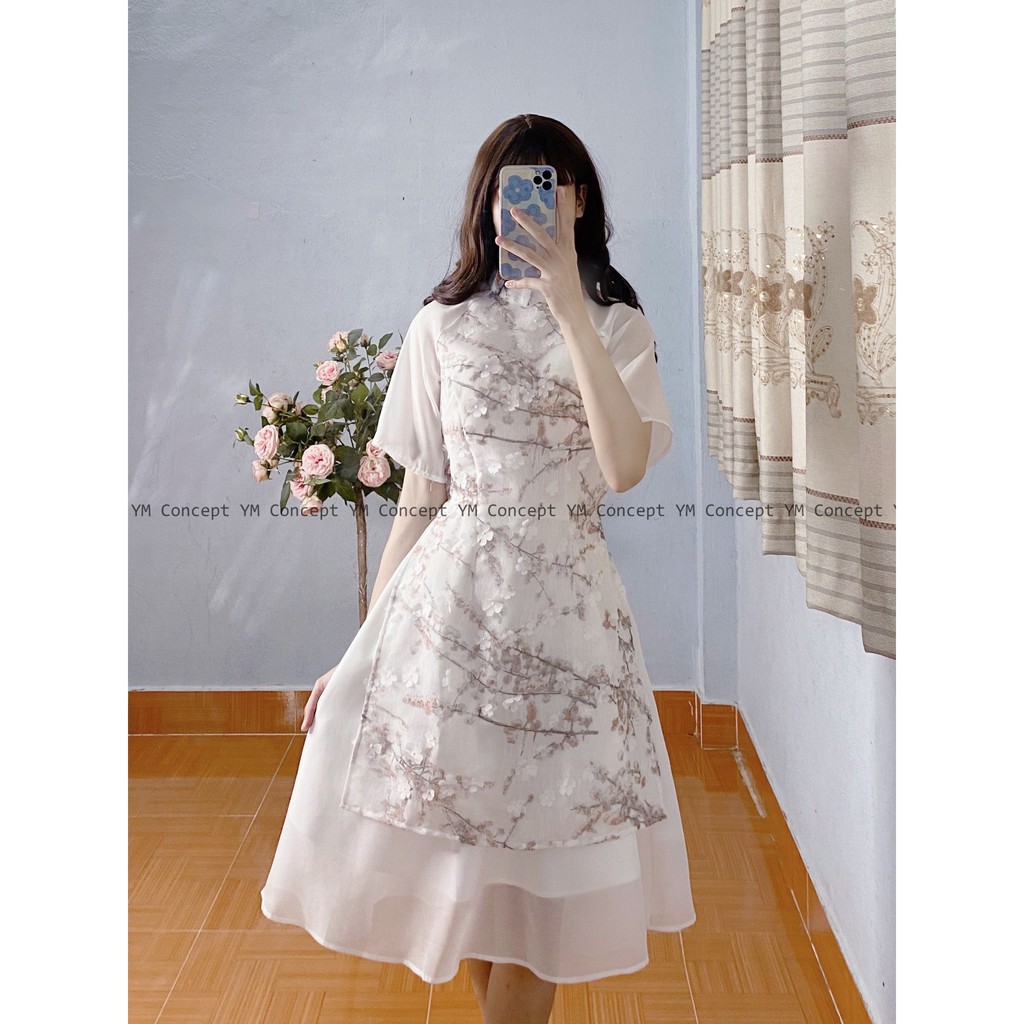 Sét áo dài hoa nổi phối voan tay lửng trẻ trung - D0099