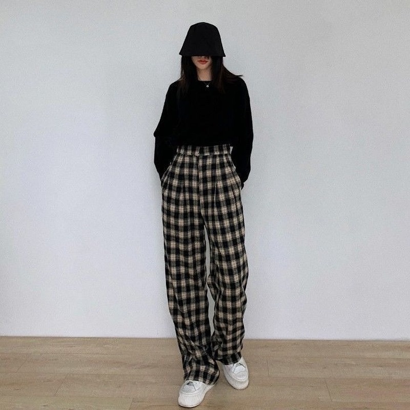 Quần Dài Ống Rộng Họa Tiết Caro Thời Trang Nữ