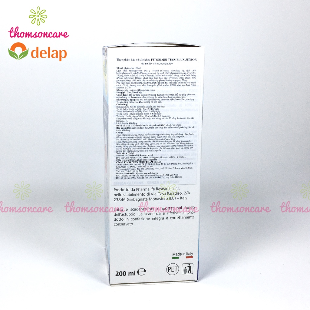 Fitobimbi TussiFlux Junior  hỗ trợ giảm ho cảm cúm, siro tăng đề kháng cho bé từ 1 tuổi, kết hợp xịt họng