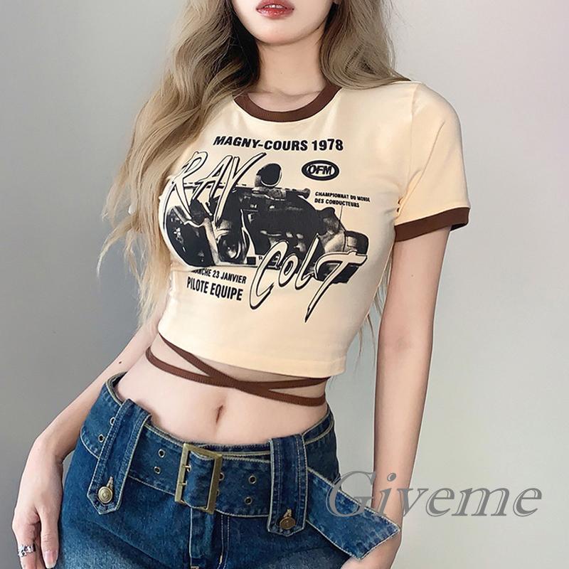 Áo Thun Crop Top Tay Ngắn Cổ Tròn In Họa Tiết Hoạt Hình Xe Hơi Thời Trang Cho Nữ