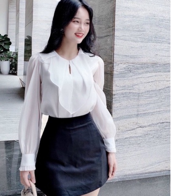 Áo kiểu nữ bèo cổ cúc ngọc chất tơ đẹp 3 mầu