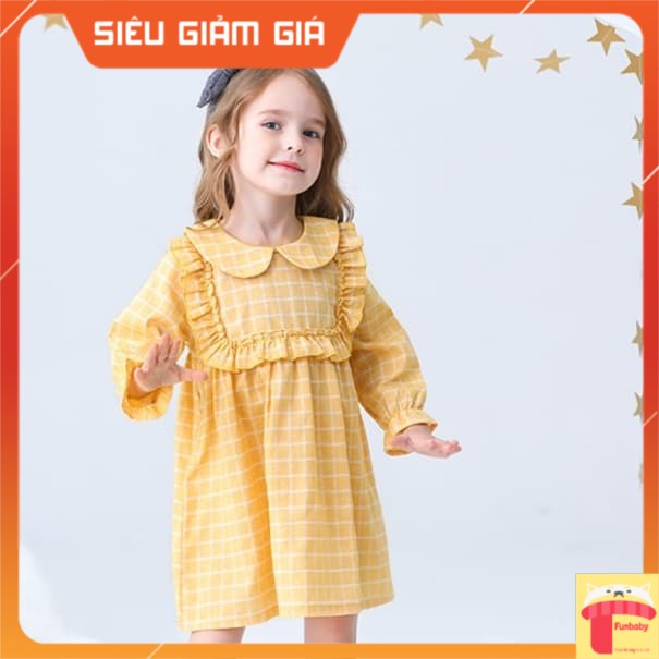 Váy thu đông cho bé gái 2-7 tuổi vải thô dài tay kẻ vàng cổ tàu. Đầm suông trẻ em cao cấp vải thô boi mềm thoáng