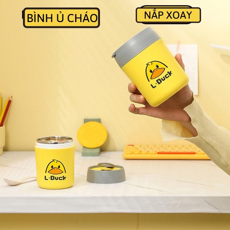 Bình ủ cháo, bình giữ nhiệt vịt vàng inox 304 cao cấp kèm thìa cho bé