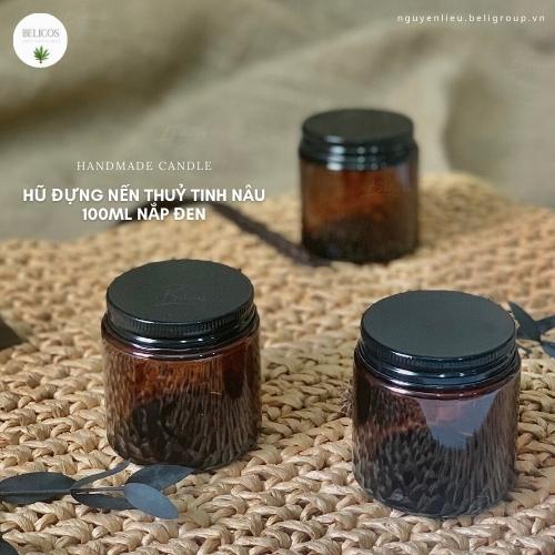 Hũ đựng nến thơm 100ml thuỷ tinh nâu nắp đen - Cốc đựng nến cao cấp