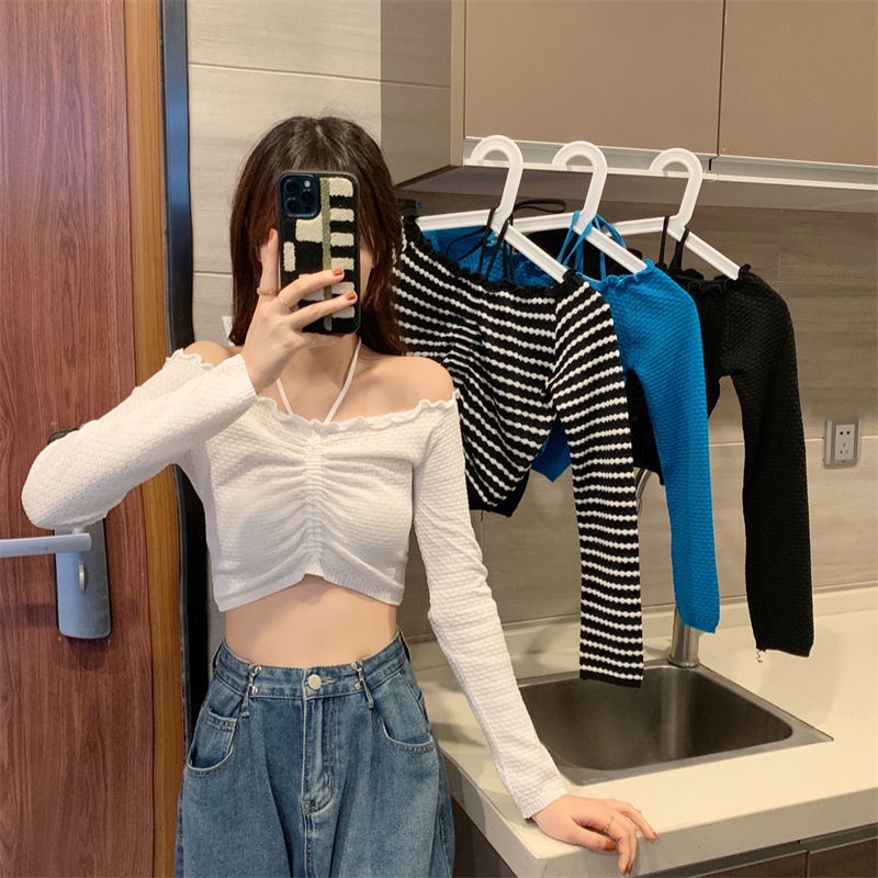 Áo Croptop Trễ Vai Thiết Kế Dây Rút Thời Trang Mùa Xuân Mới Cho Nữ