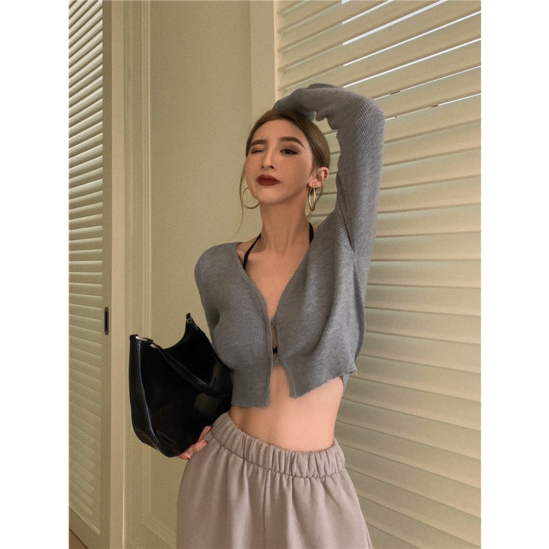 Porozi  Áo  vải dệt kim tay dài cổ chữ V dáng ôm phong cách Hàn Quốc dành cho nữ
