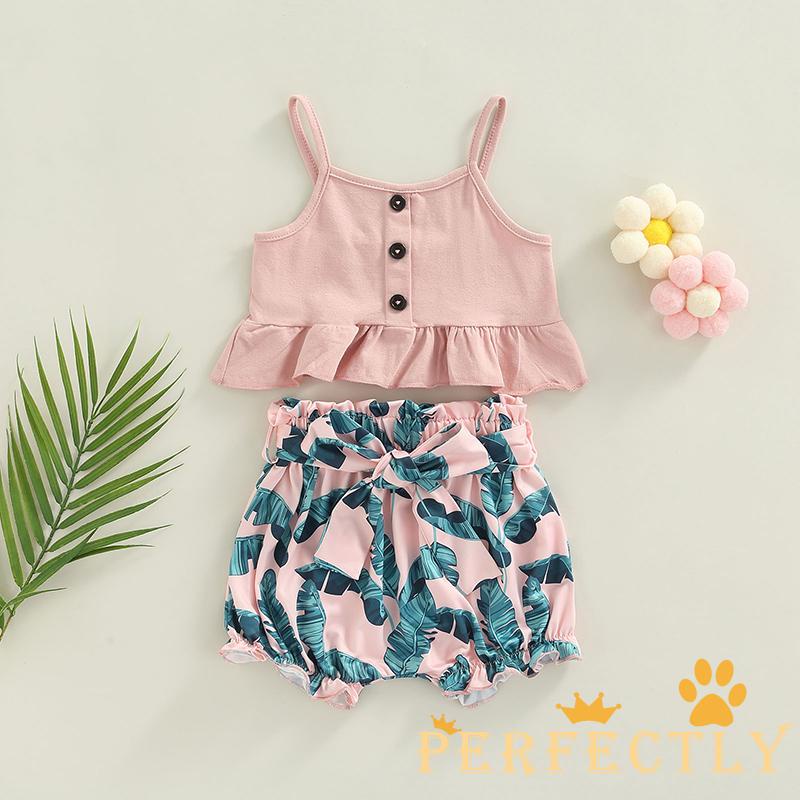 PFT-Kid Girls Three Pieces Set Clothes, Spaghetti Strap Ruffle Hem Sleeveless Vest + Leaves Printed Shorts + Belt