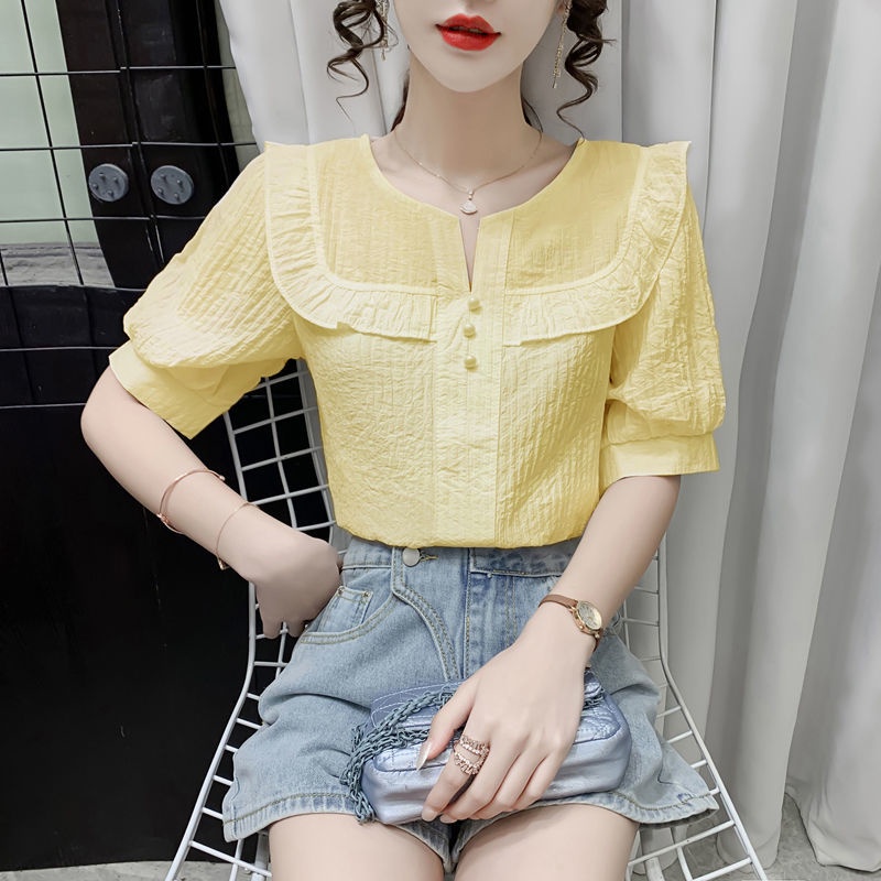 Áo kiểu chiffon tay ngắn cổ chữ V xếp nếp phong cách Pháp 2021 thời trang mùa hè ngọt ngào dành cho nữ
