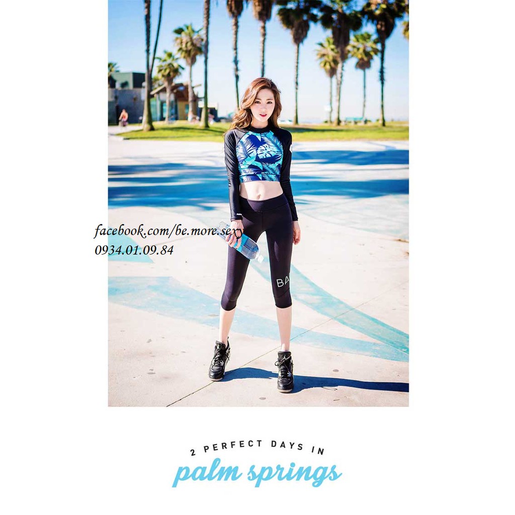 Đồ bơi dài tay Hàn Quốc croptop xanh quần lửng | BigBuy360 - bigbuy360.vn