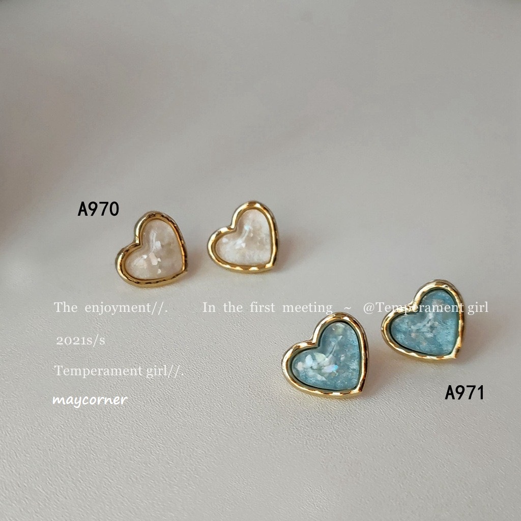 Khuyên tai trái tim 2 màu xanh trắng mạ bạc 925 cao cấp