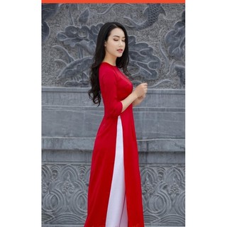 Bộ áo dài đỏ trơn lụa Tây thi