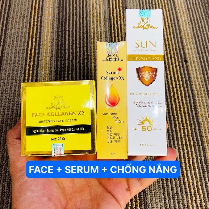 COMBO SERUM COLLAGEN X3 + KEM FACE COLLAGEN X3 + CHỐNG NẮNG NỌC ONG MỸ PHẨM ĐÔNG ANH