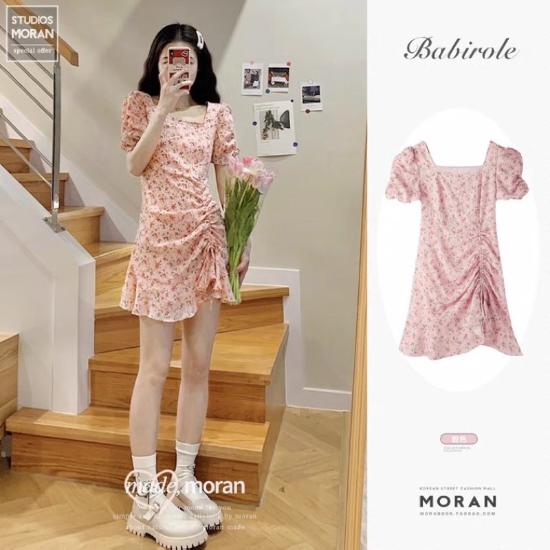 Váy đầm hoa MORAN hoạ tiết màu hồng phong cách thời trang mùa hè cho nữ