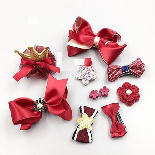Bộ phụ kiện 10 món nơ, cài, kẹp tóc màu hồng, đỏ cực xinh cho bé gái