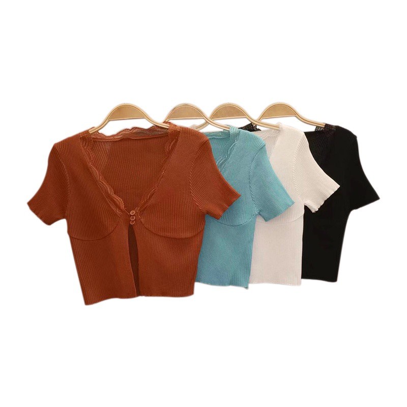 Áo Croptop Dệt Kim Tay Ngắn Cổ Chữ V Màu Sắc Đơn Giản Thời Trang Mùa Hè Cho Nữ