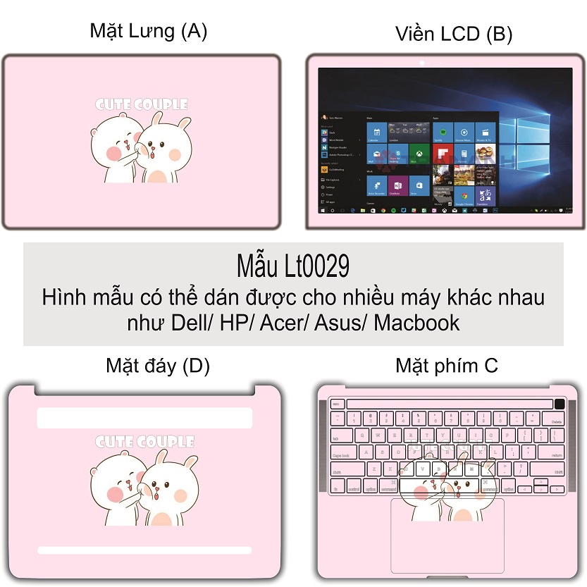 Miếng Dán Laptop - Mẫu LT029 hình thỏ cute - Dán cho Dell, Hp, Asus, Lenovo, Acer, MSI, Surface,Vaio, Macbook