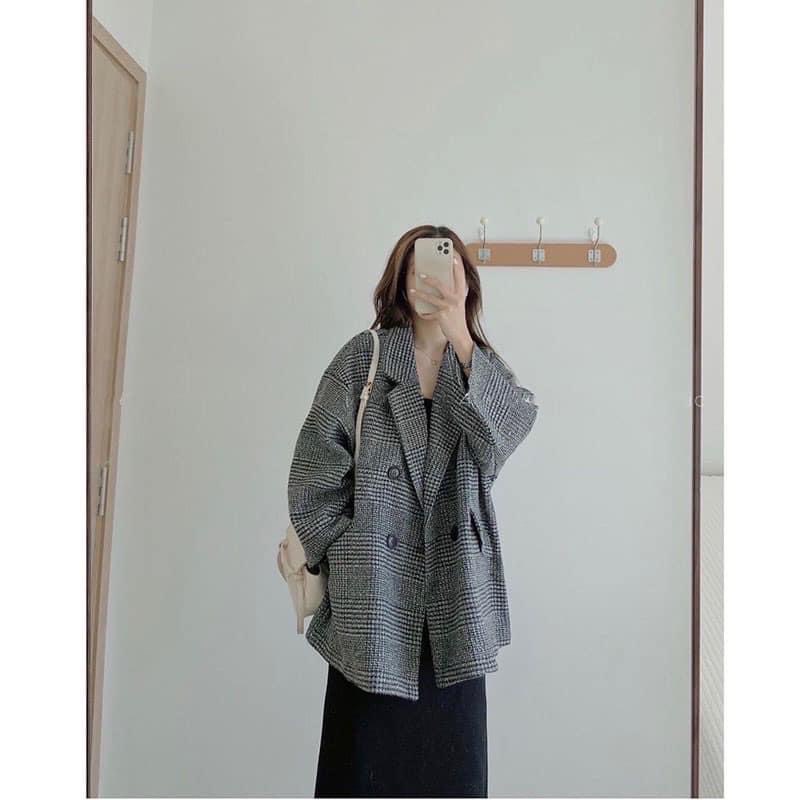 Áo khoác dạ kẻ thiết kế tay dài cổ vest  Áo blazer form rộng thời trang Hàn Quốc xuongmaythuhien