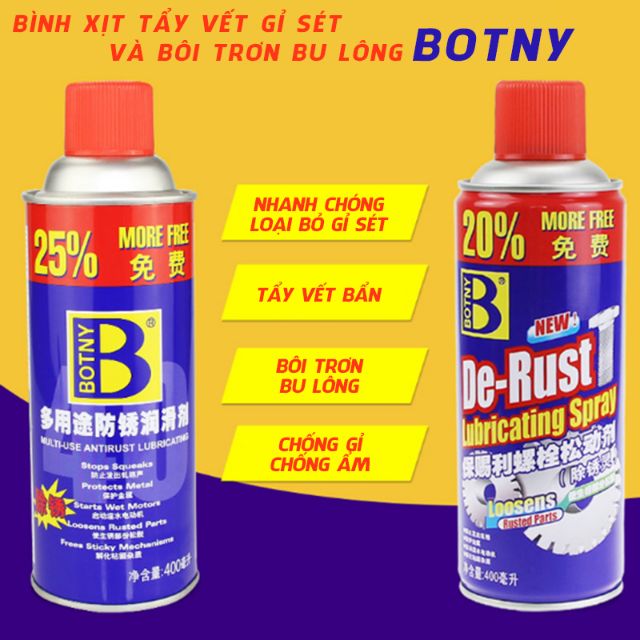 CHAI XỊT CHỐNG RỈ SÉT VÀ BÔI TRƠN KIM LOẠI BOTNY 400ML