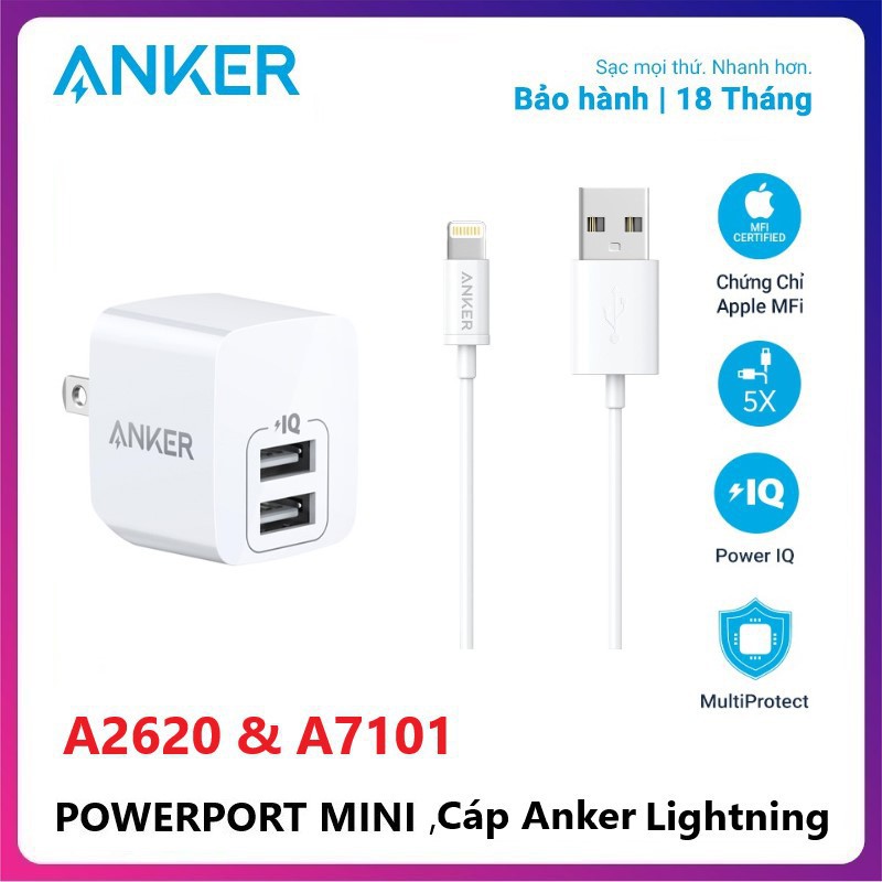 2021- Củ Sạc 2 Cổng Anker PowerPort Mini 12W - A2620 / Dây Cáp Sạc Lightning cho iphone Chuẩn MFi Anker 0.9m A7101