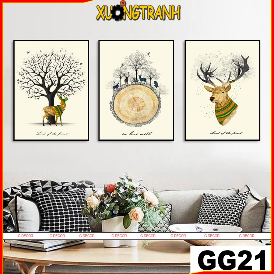 Tranh treo tường canvas 3 bức phong cách Bắc Âu 21, tranh hươu tài lộc trang trí phòng khách, phòng ngủ, phòng ăn, spa