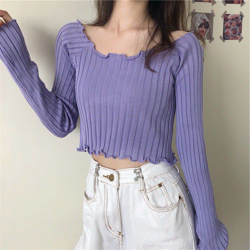 Áo Croptop Gân Dệt Kim Trễ Vai Dài Tay Ulzzang Tuyết's House