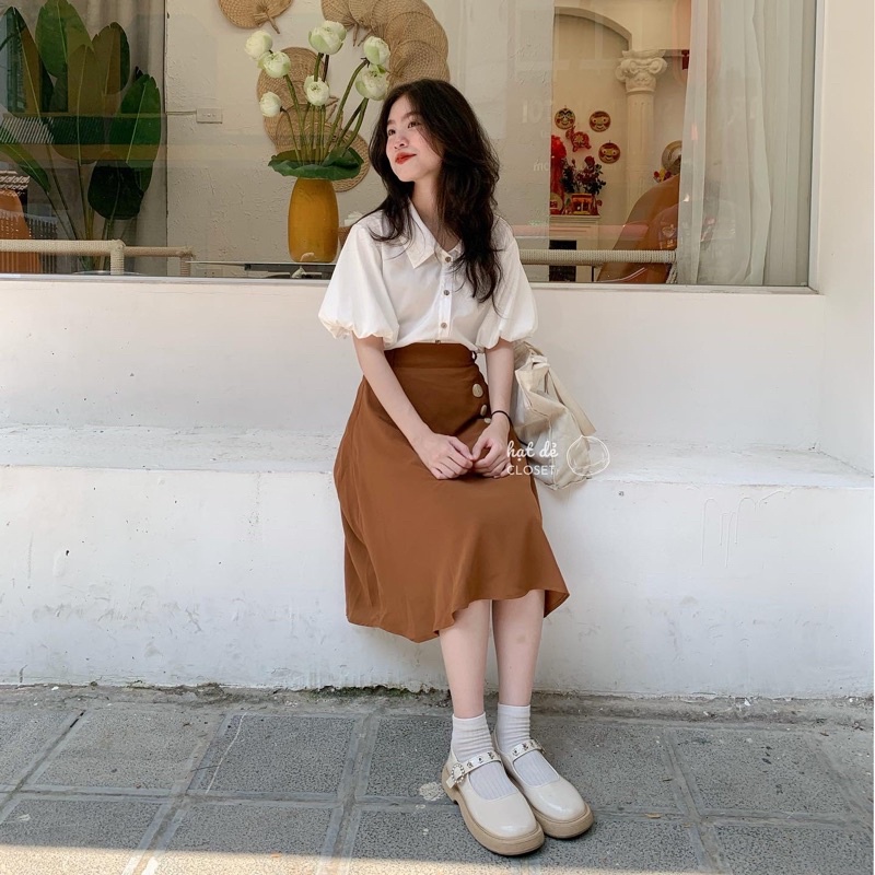 Chân váy THANH chất liệu linen form xoè đính cúc ✨