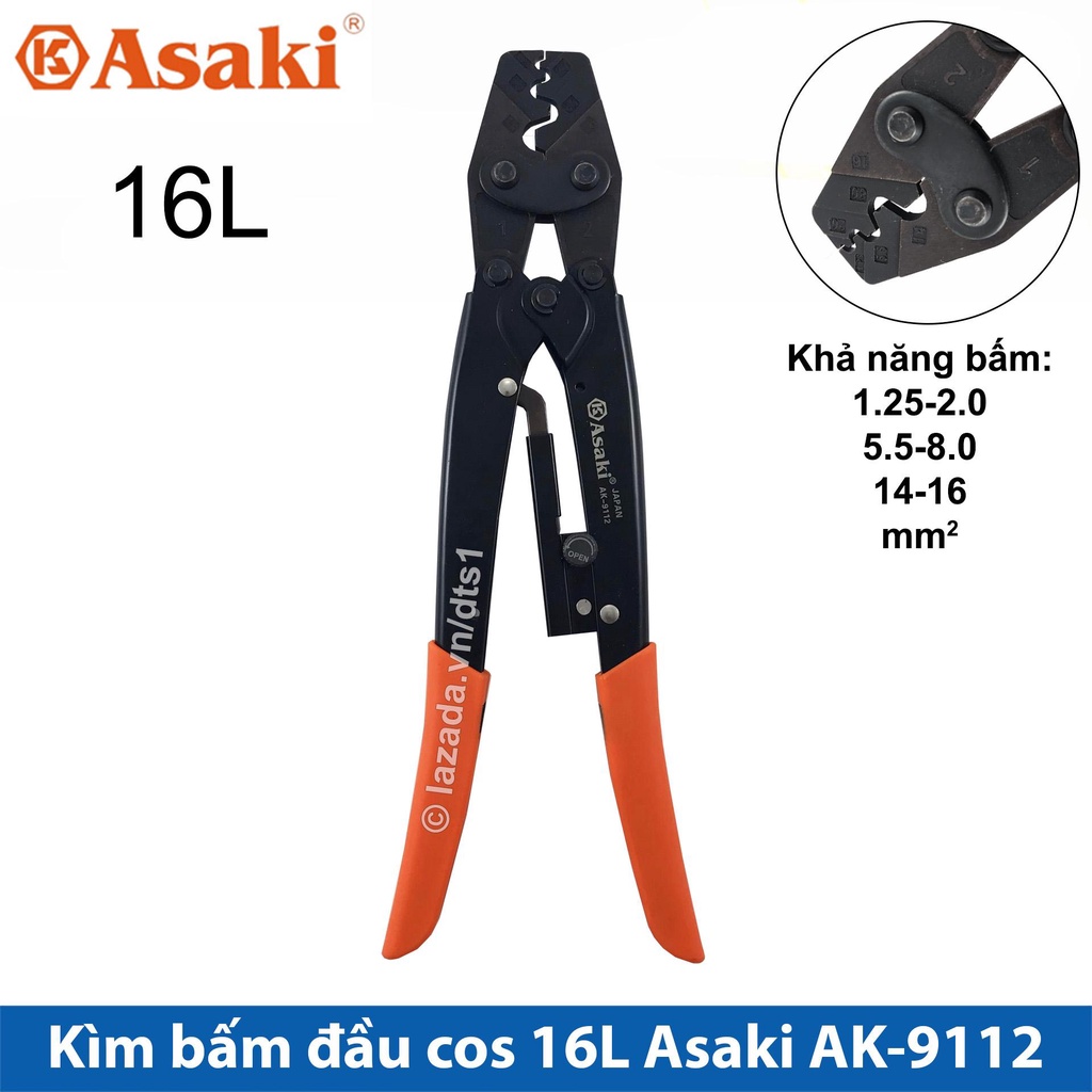 Kìm bấm cos 16L 1.25,16mm2 Asaki AK-9112,Kềm bấm cốt 16L (Kìm bấm đầu cote Asaki)