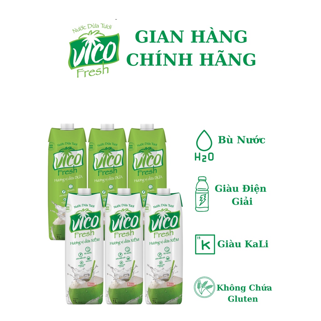 Combo 6 Hộp Nước Dừa Tươi Vico Fresh 1L - (3 Xiêm, 3 Dứa)