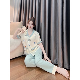 Bộ pijama lụa họa tiết áo cộc quần dài cao cấp, bộ ngủ có túi có size ( ảnh thật )