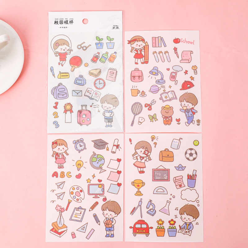 Set 4 tấm sticker cute thỏ xinh cùng các đồ dùng trong cuộc sống, hình dán sticker dễ thương