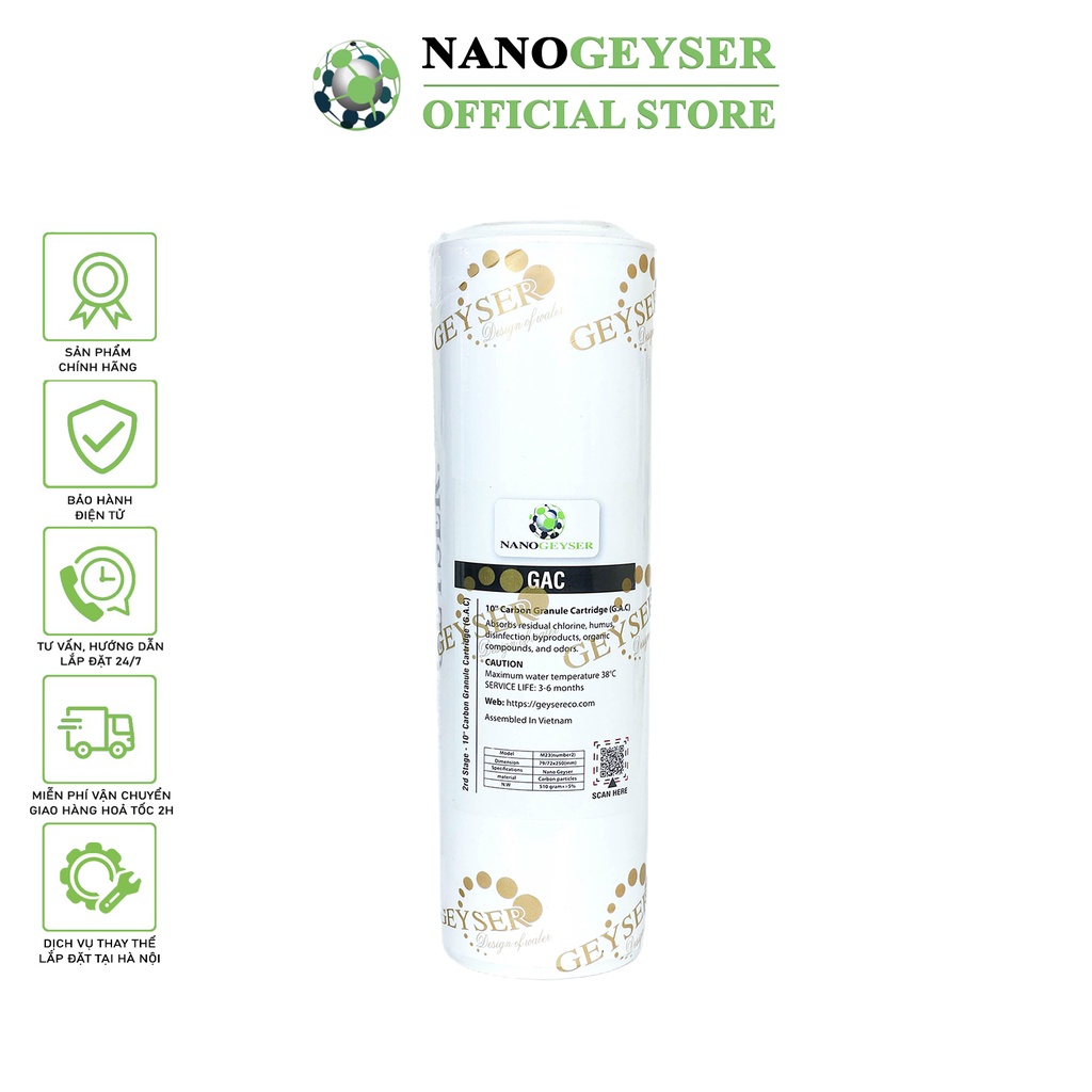 Lõi GAC Nano Geyser Geyser, Lõi lọc nước số 2 máy RO, Dùng cho các dòng máy lọc nước RO, Kangaroo, Karofi, Aqua... - Nano Geyser Chính Hãng