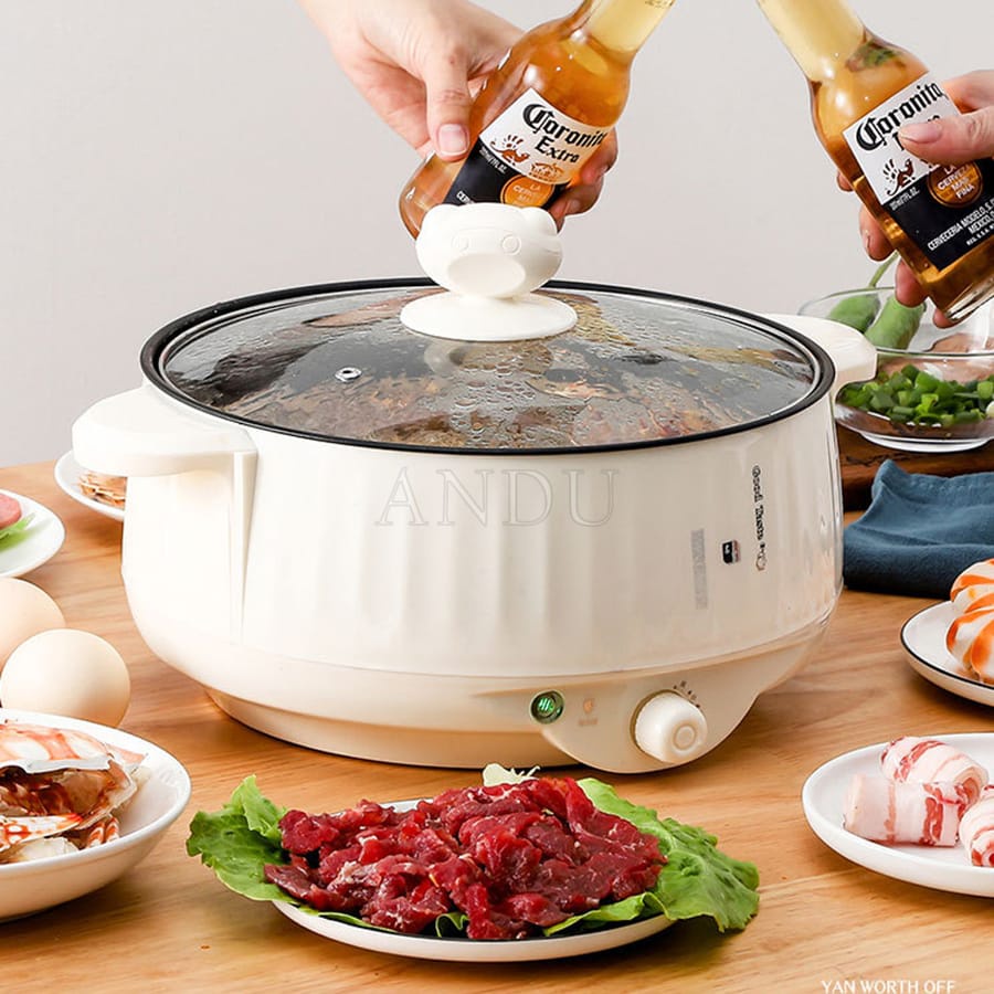 Nồi Lẩu Điện Shanban Công Suất 1000W , Nồi Điện Đa Năng Rán, Chiên, Xào Có Lớp Chống Dính Teflon Kèm Xửng Hấp Siêu