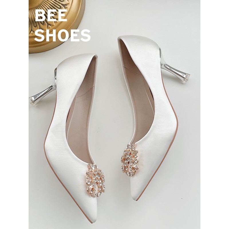 BEESHOES - GIÀY CAO GÓT NỮ MŨI NHỌN ĐÁ TRÒN - GIÀY CAO GÓT NỮ MŨI NHỌN GÓT NHỌN CAO 7 PHÂN SẴN MÀU ĐEN - TRẮNG 201160