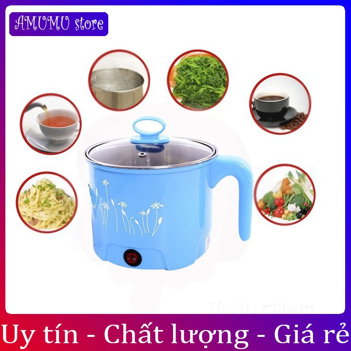 Nồi lẩu điện ca mì mini tiện dụng 18cm 2 lớp tặng kèm giá hấp tay cụp