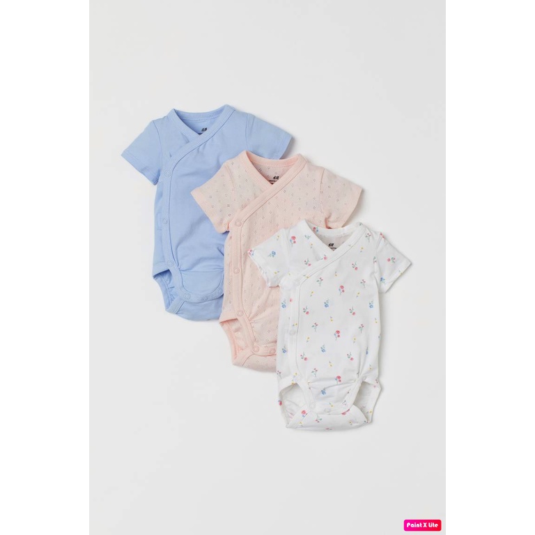 Set 3 bodysuits bé gái ngắn tay, chất liệu cotton hữu cơ, màu xanh - hồng - trắng hoa nhí, Hờ mờ US săn SALE