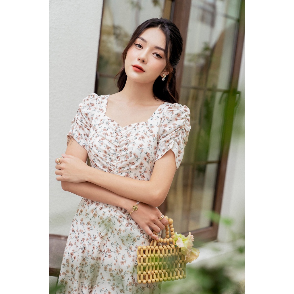 Váy cổ vuông thân tay rút nhún  TIINSTORE V0T522