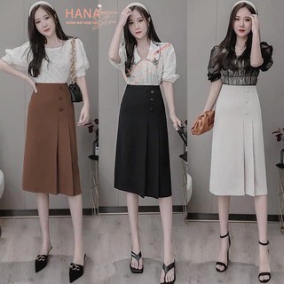 Chân váy công sở dài qua gối dáng chữ A xếp ly bản to khóa sau phối 3 cúc - Màu đen trắng nâu - Vải dày mặc đi tiệc biển