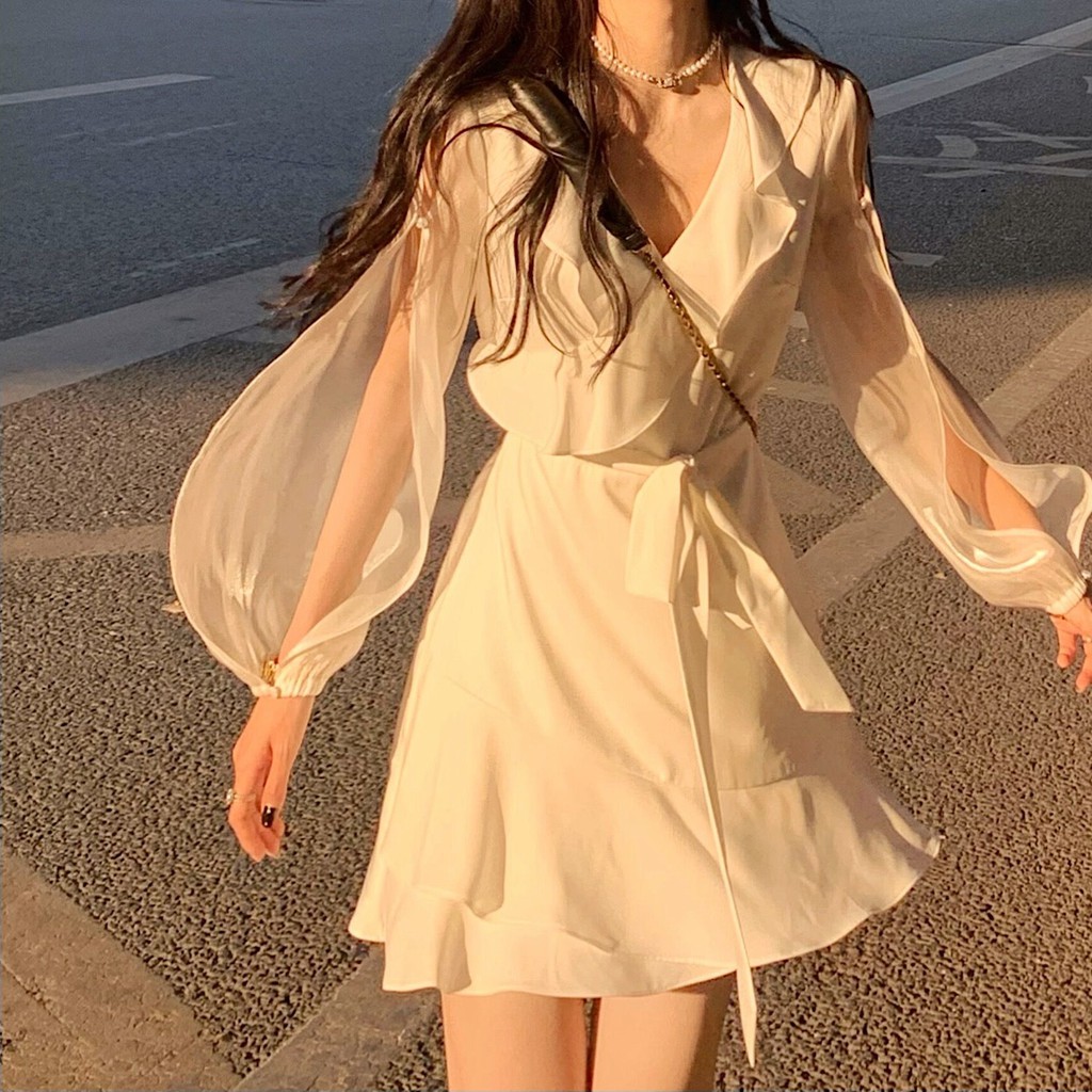 Đầm công chúa cổ tích thắt eo tay xẻ ulzzang, Váy tiểu thư phối voan trong trẻo