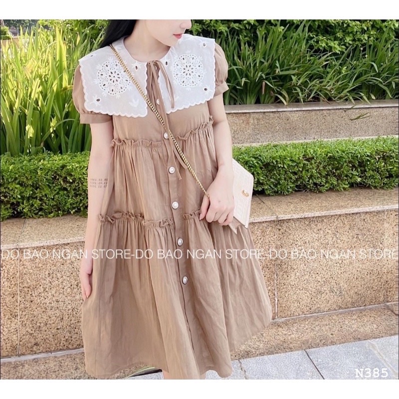 Đầm Babydoll Cổ Phối Ren Siêu Xinh, Đầm Bầu Xinh Nút Ngọc