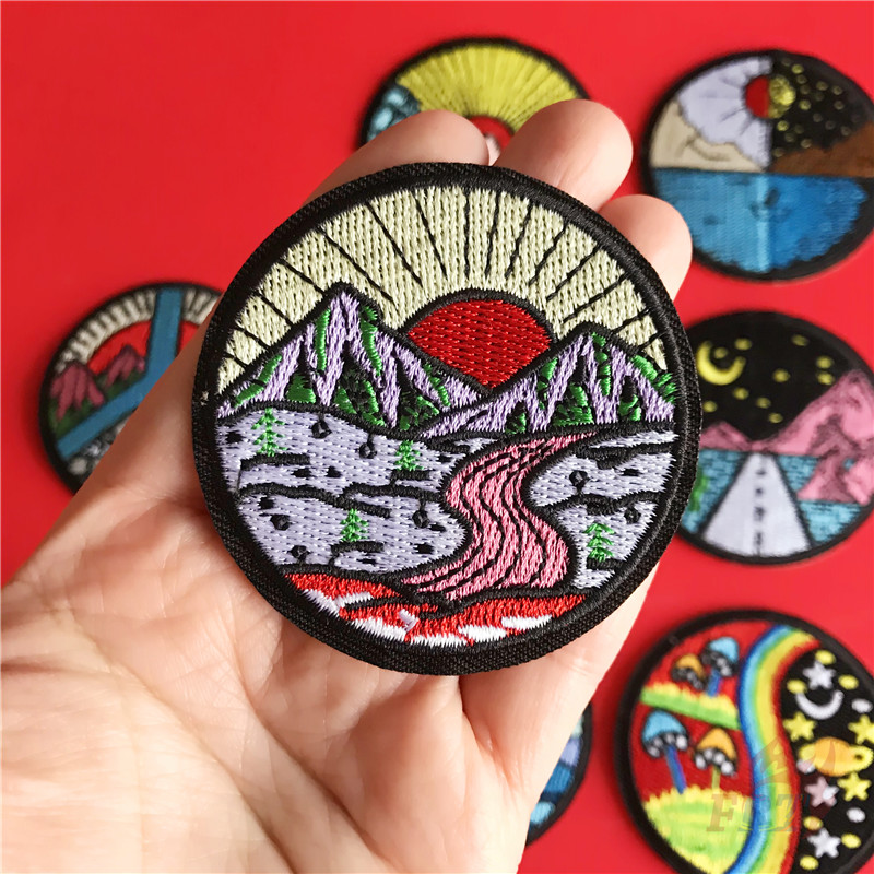 Miếng vá ủi thêu trang trí thủ công hình ảnh biển và núi ngoài trời bình minh và hoàng hôn 6CM