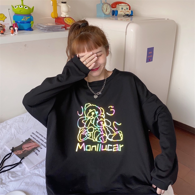 ZHELIHANGFEI Áo Sweater Tay Dài Cổ Tròn Form Rộng Họa Tiết In Theo Phong Cách Preppy Dễ Phối Đồ