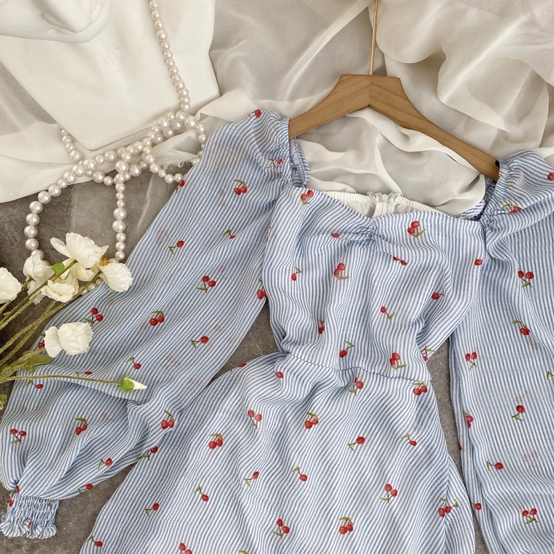 ĐẦM MIDI HOA XANH HOẠ TIẾT CHERRY CHÂN BÈO NHÍU NGỰC