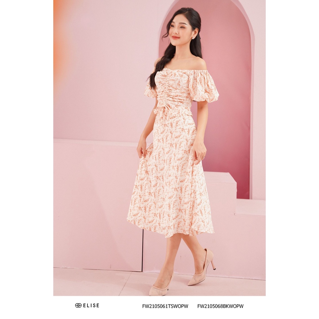 Áo sơ mi trắng hoa dây rút nhún thiết kế Elise FW2105061TSWOPW