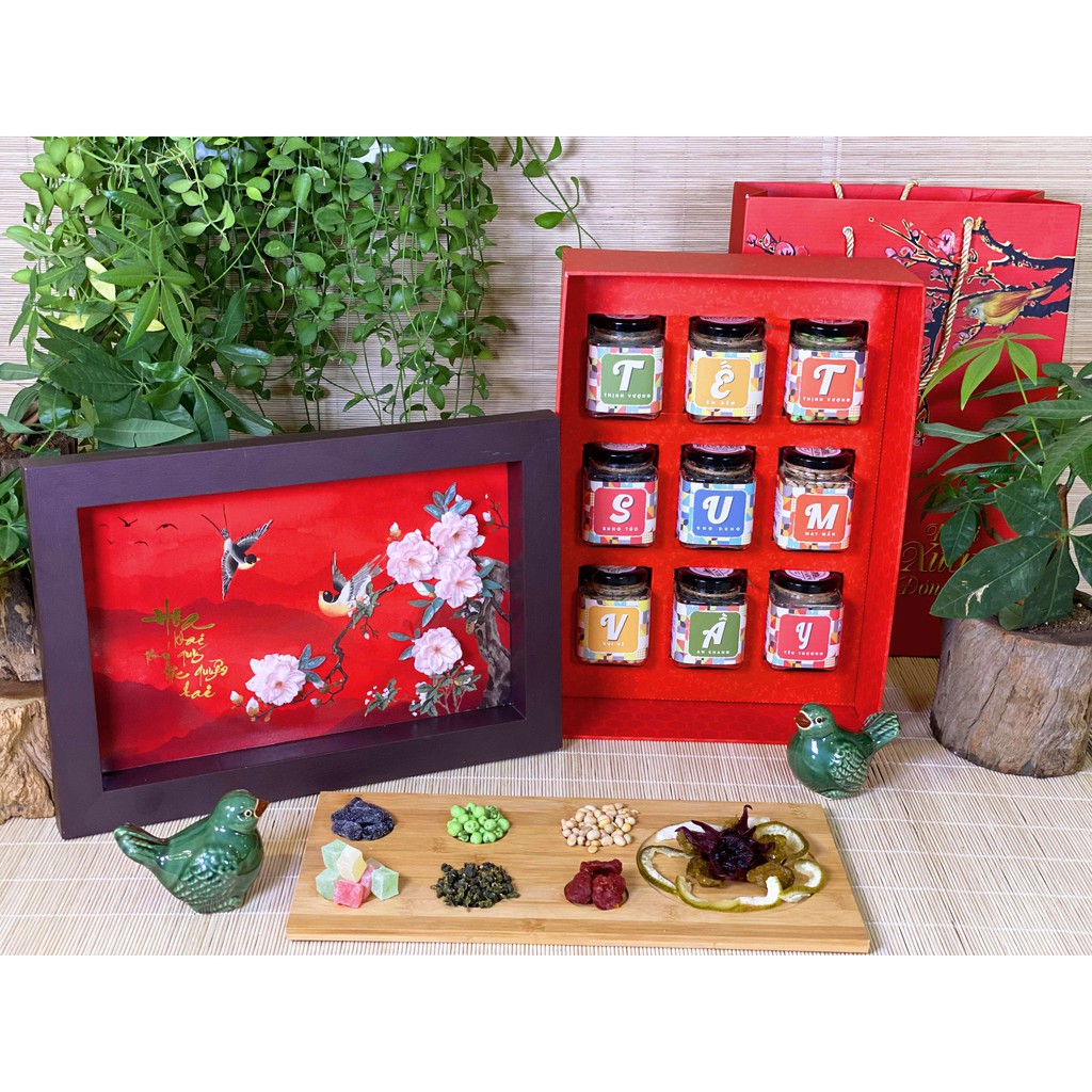 Quà Tết Xanh Ikachi Chữ Nhật Thân Đỏ Tết Sum Vầy_Hộp Quà Cao Cấp Kết Hợp Tranh In 3D Treo Tường Sang