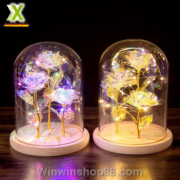 Hoa Hồng Mạ Vàng 3 Lá 24K Trang Trí Quà Tặng Ngày Lễ Tình Nhân Có LED quà valentine 14/2 Đồ_lưu_niệm