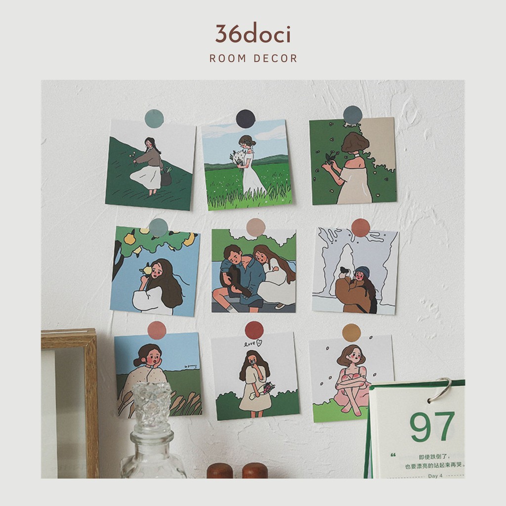 Set 9 Tấm Postcard In 2 Mặt Hoạ Tiết Cô Gái Decor Phòng Ngủ | 36doci